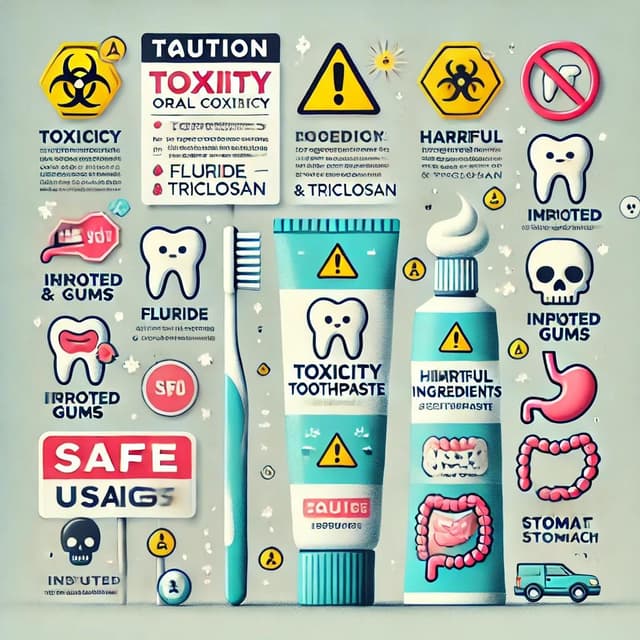 Illustration highlighting the toxicity risks of oral care products, featuring a toothbrush, toothpaste with warning symbols, harmful ingredients like fluoride and triclosan, and visual effects such as gum irritation. Promotes awareness and safe use of oral care products