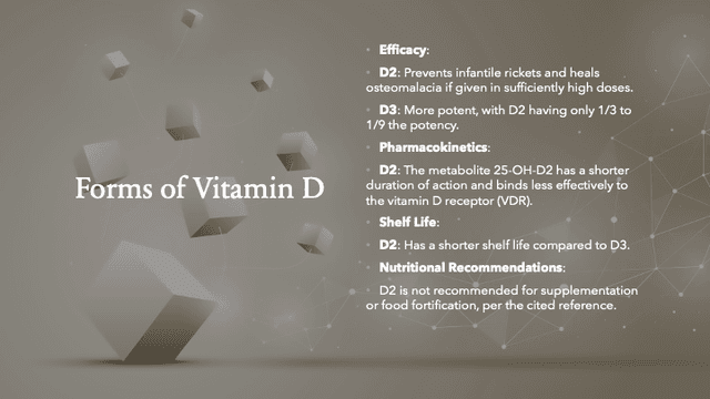 Slide comparing Vitamin D2 and D3 with key points on efficacy, pharmacokinetics, shelf life, and nutritional recommendations. Highlights include D2's lower potency (1/3 to 1/9 of D3), shorter shelf life, and limited binding to vitamin D receptors, alongside the recommendation against using D2 for supplementation. Designed with a modern, professional aesthetic featuring a light brown background, floating 3D cubes, and subtle connecting lines.