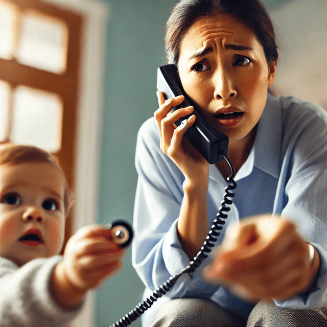 A concerned caregiver urgently calling emergency services after a child swallows a button battery, demonstrating the importance of rapid response in pediatric battery ingestion cases.