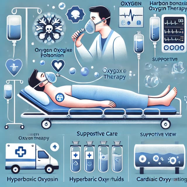Infographic on treatment protocols for carbon monoxide (CO) poisoning, showing a patient receiving 100% oxygen through a mask and a cutaway of a hyperbaric oxygen chamber. Additional icons represent supportive care like IV fluids and cardiac monitoring. The design uses blue and white for a clear, clinical appearance.