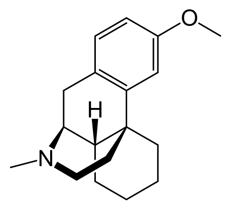 Structural diagram of Dextromethorphan, a common cough suppressant, showing its chemical structure, including molecular bonds and functional groups