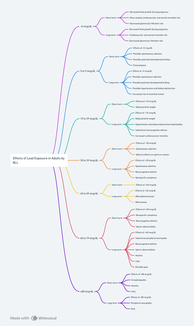 Infographic titled “Effects of Lead Exposure in Adults by BLL” showing short-term and long-term health effects of lead at different blood lead levels (BLL) including <5, 5–9, 10–29, 30–39, 40–59, 60–79, and ≥80 mcg/dL. Highlights risks such as anemia, kidney dysfunction, neurocognitive deficits, hypertension, reproductive issues, spontaneous abortion, encephalopathy, and gout. A visual guide for toxicology, occupational health, and environmental medicine professionals.