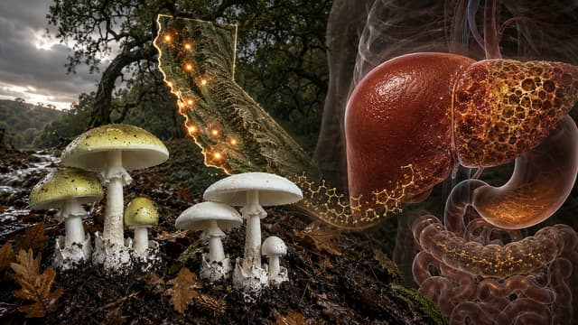 Death Cap and Western Destroying Angel mushrooms beside a California outbreak map and liver-injury illustration representing amatoxin poisoning.