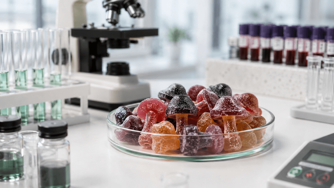 Psilocybin-style mushroom gummies tested in a toxicology laboratory, highlighting contamination risk from hidden synthetic compounds and mislabeled psychedelic edibles.