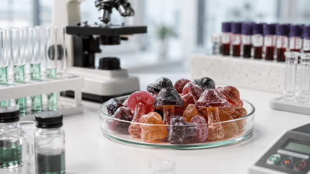 Psilocybin-style mushroom gummies tested in a toxicology laboratory, highlighting contamination risk from hidden synthetic compounds and mislabeled psychedelic edibles.