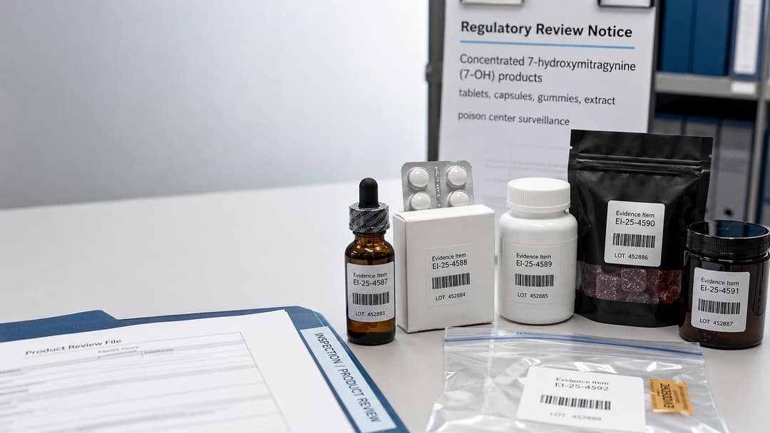 Concentrated 7-OH tablets, gummies and extract under regulatory inspection amid rising poison-center reports and DEA action.