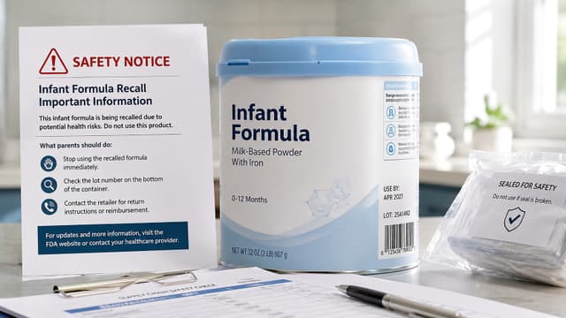 Recalled infant formula beside a safety notice, illustrating an FDA warning after infant botulism outbreaks.