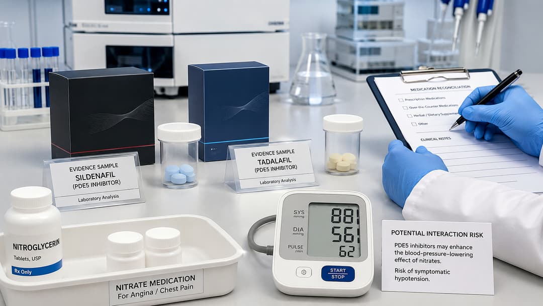 Two unbranded sexual-enhancement products beside sildenafil and tadalafil tablets, with a nitrate medication warning and blood-pressure monitor.