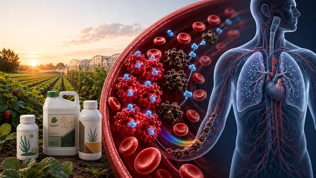 Medical illustration showing uncommon agrochemical exposure oxidizing hemoglobin into methemoglobin and impairing oxygen delivery to human tissues.