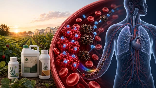 Medical illustration showing uncommon agrochemical exposure oxidizing hemoglobin into methemoglobin and impairing oxygen delivery to human tissues.