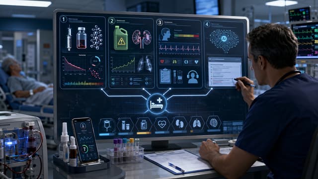 Emergency medical toxicology workstation showing methanol acidosis markers, paraquat kidney risk, ED poisoning triage, overdose monitoring, and AI note review.