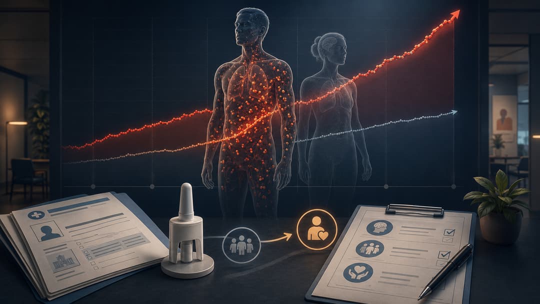Conceptual illustration of rising drug self-intoxication mortality with hospital follow-up, naloxone, and mental health care symbols