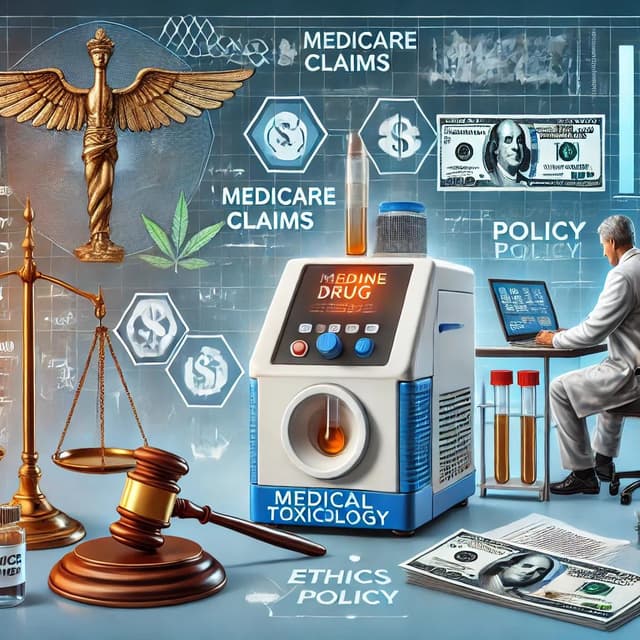 Illustration of a medical toxicology laboratory with advanced urine drug testing equipment, legal symbols like a gavel and scales of justice, and compliance documentation, highlighting themes of ethics, regulatory accountability, and Medicare claims in healthcare