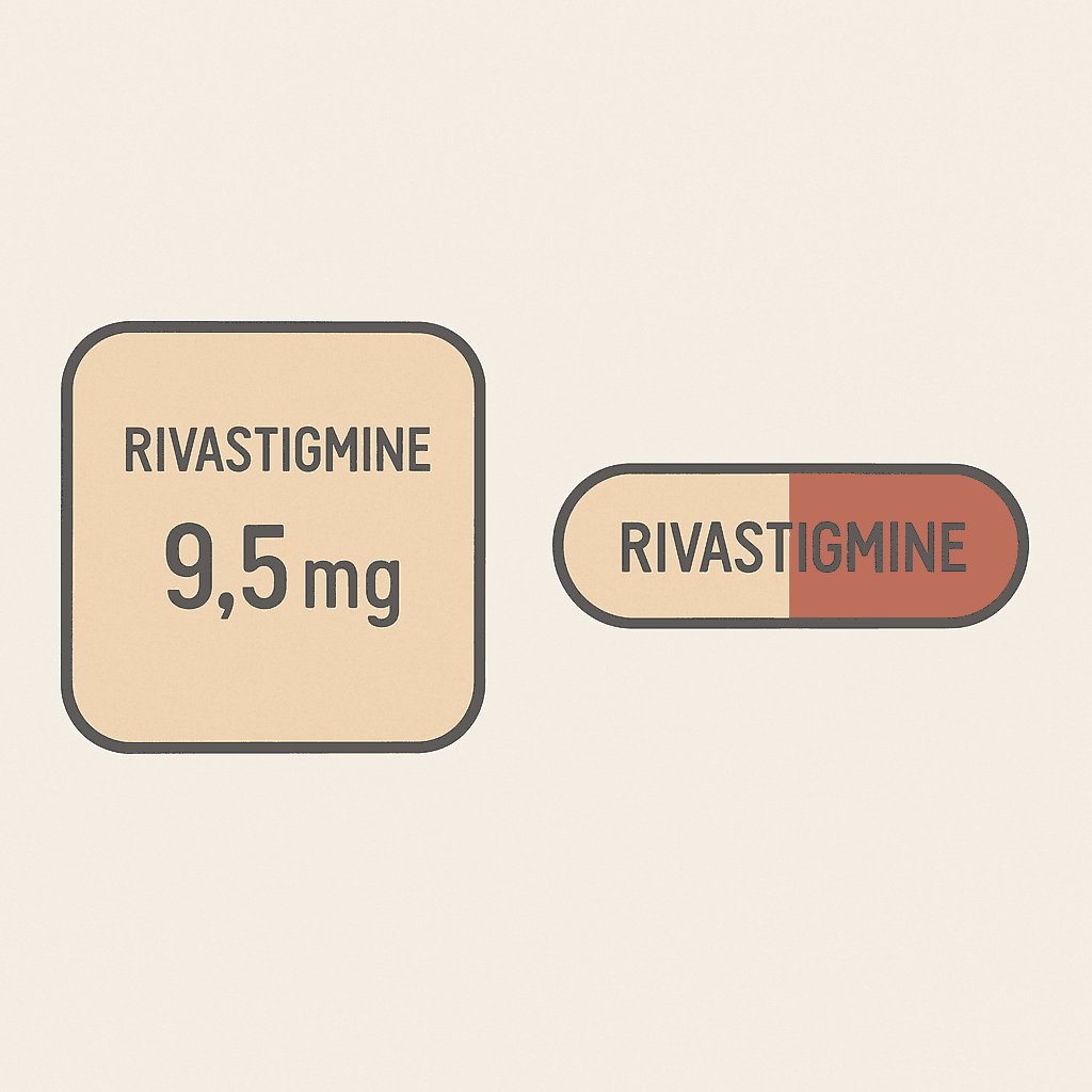 Minimalist illustration of rivastigmine transdermal patch labeled 9.5 mg and a two-toned rivastigmine oral capsule, used as an alternative treatment for anticholinergic toxicity during physostigmine shortage