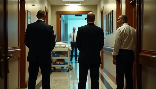 Security detail guards a hospital corridor in Moscow after reported Bashar al-Assad poisoning attempt—men in suits blocking access near a stretcher and medical staff, highlighting tight protection, secrecy, and Kremlin silence in Assad’s Russian exile