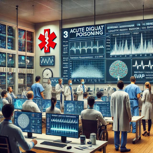 Doctors and researchers in a hospital emergency room analyzing machine learning models on computer screens. The screens display data and graphs related to acute diquat poisoning, highlighting the high predictive accuracy of models like random forest, logistic regression, SVM, and gradient boosting. Medical charts and SHapley Additive ExPlanations (SHAP) values illustrate key risk factors. The scene captures focused collaboration and innovation in using machine learning for predicting death risk in poisoning cases.