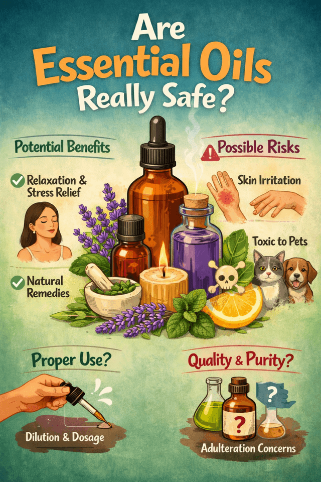 Infographic on essential oil safety showing benefits like stress relief and natural remedies alongside risks such as skin irritation and pet toxicity, with guidance on dilution, dosage, and product purity concerns