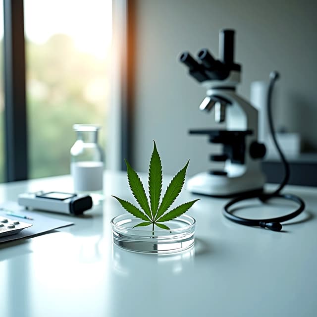 Cannabis leaf in a petri dish beside microscope, showing cannabis fertility effects, hormonal changes, sperm health and reproductive toxicology research in lab.