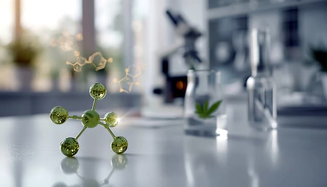 THC molecular model on a lab bench with cannabis leaf, microscope and glassware, showing cannabis fertility, hormones, and reproductive toxicology research lab.