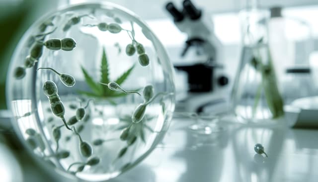 Cannabis leaf behind sperm cells in a glass lab sphere, showing marijuana effects on sperm count, motility, morphology, male fertility, toxicology lab research.