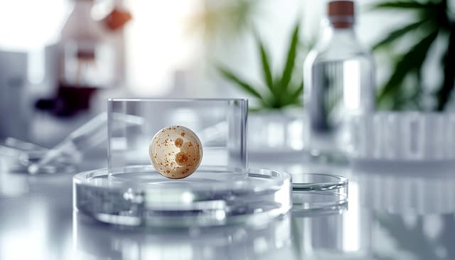 Oocyte in a lab culture dish with cannabis leaf background, showing THC effects on egg quality, oocyte maturation, female fertility and IVF outcomes.