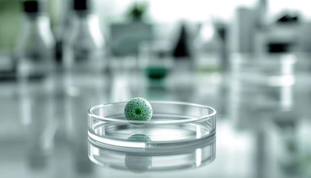 Oocyte in petri dish with lab background, showing THC-related chromosome errors, aneuploidy, egg quality, embryo euploidy and cannabis fertility risk for IVF.
