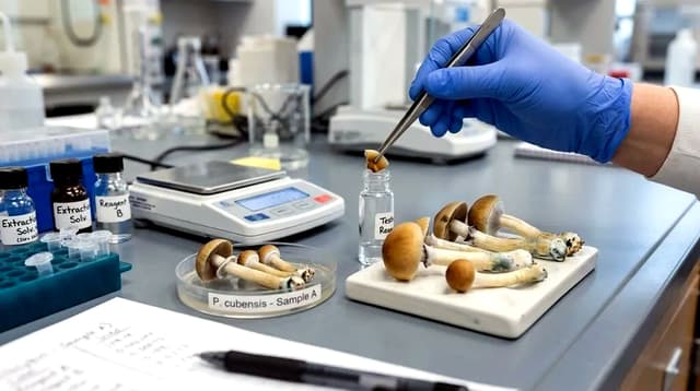 Psilocybin mushroom samples tested in a toxicology lab, showing contamination risk from dangerous synthetic compounds in psychedelic gummies.
