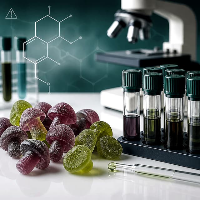 Psilocybin mushroom gummies tested in a toxicology lab for hidden synthetic compounds and mislabeled psychedelic ingredients.
