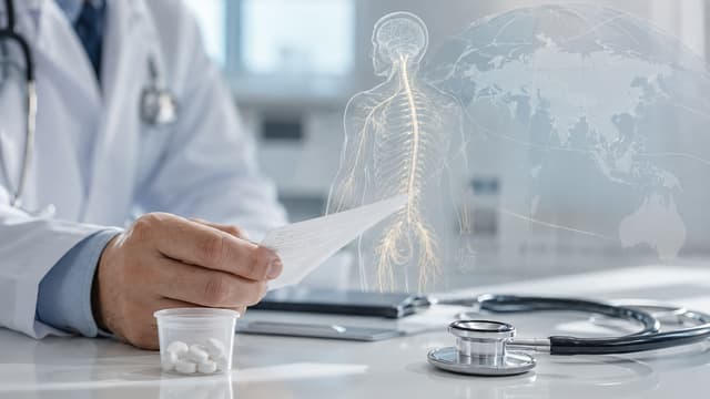 Doctor reviewing opioid pain medication prescription with generic tablets and global regulation concept