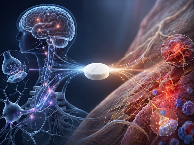 Opioid and acetaminophen pain relief mechanism showing nerve signal reduction in the nervous system
