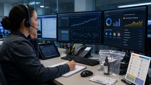 Poison center specialist reviewing anonymized kratom and concentrated 7-OH exposure trends on a clinical surveillance workstation during a call.