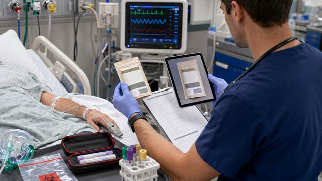 Emergency clinician assessing suspected concentrated 7-OH poisoning using product identification, respiratory monitoring, oxygen and naloxone readiness.
