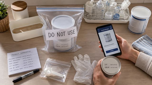 Recalled infant formula isolated from feeding supplies while a caregiver records the lot number and marks the opened container “DO NOT USE.”