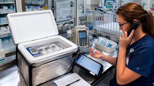 Pediatric pharmacist verifies a temperature-controlled BabyBIG shipment and prepares immune globulin after specialist consultation for infant botulism.