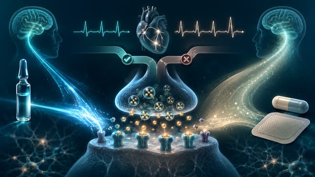 Medical illustration comparing rapid intravenous physostigmine with slower oral or transdermal rivastigmine for selected anticholinergic delirium cases.