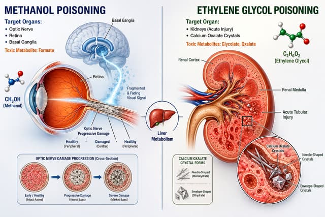 Anatomical comparison of methanol optic nerve injury versus ethylene glycol calcium oxalate kidney damage.