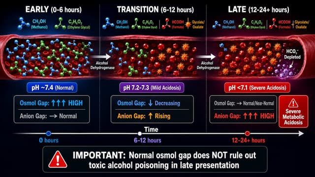 Timeline showing toxic alcohol poisoning progression from elevated osmol gap to high anion gap metabolic acidosis.