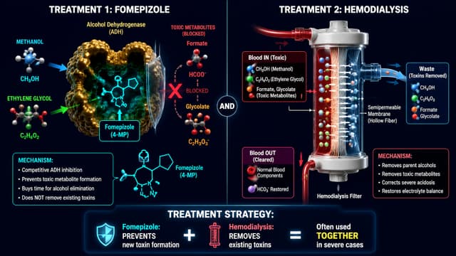 Medical illustration of fomepizole inhibiting alcohol dehydrogenase and hemodialysis clearing toxic alcohol metabolites.