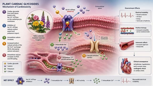 Scientific cardiomyocyte diagram showing plant cardiac glycoside inhibition of the sodium-potassium pump, potassium shift, and intracellular calcium loading.